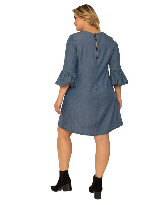 Plus Size Women's Tencel 3/4 Balloon Sleeves Medium Blue Midi Shift Dress, 3214 Medium Blue / Navy, alternate image number 4