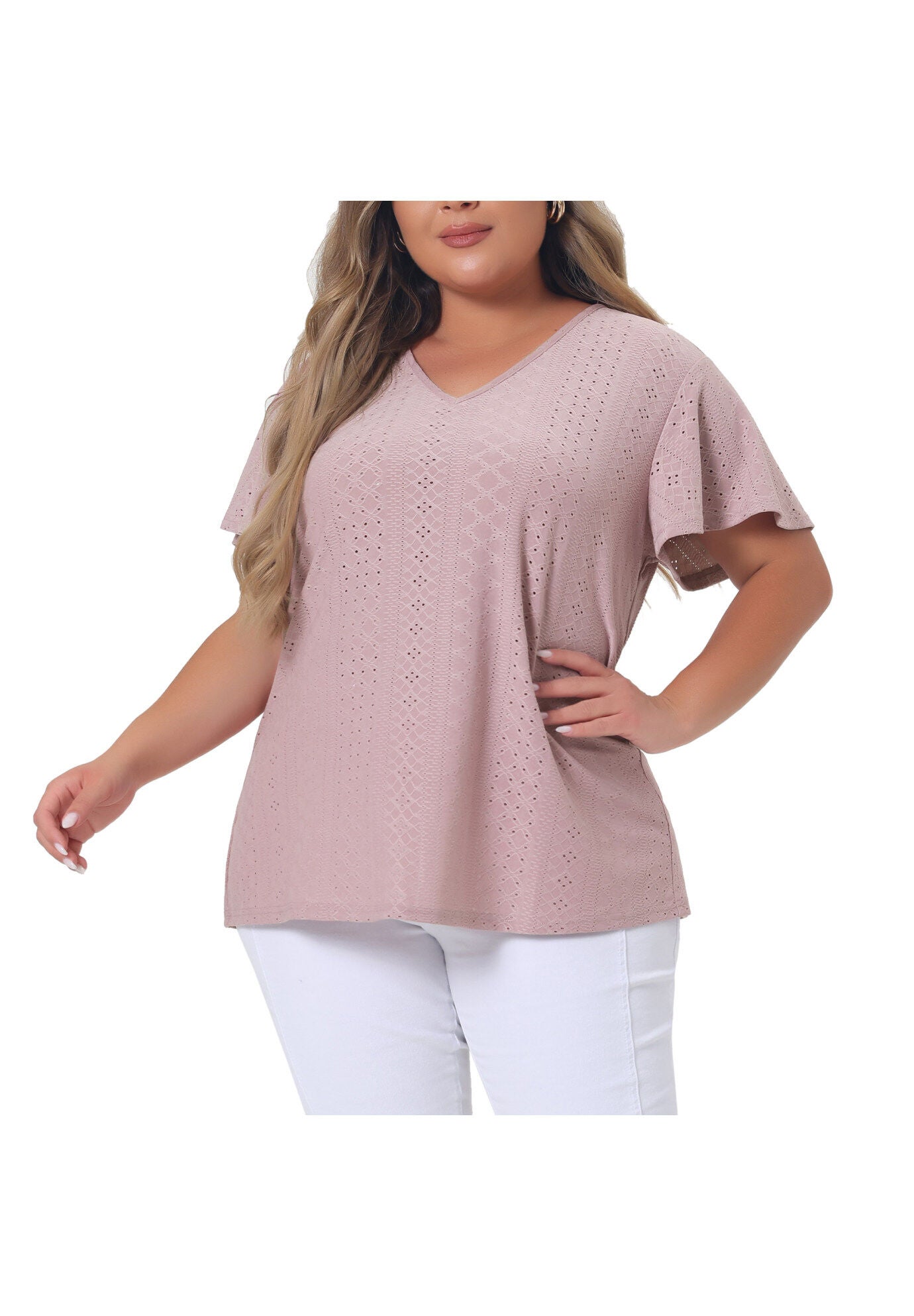 Summer Tee V Neck Hollow Flare Short Sleeve Casual Top Tunic, Pink / Pink, alternate image number 1