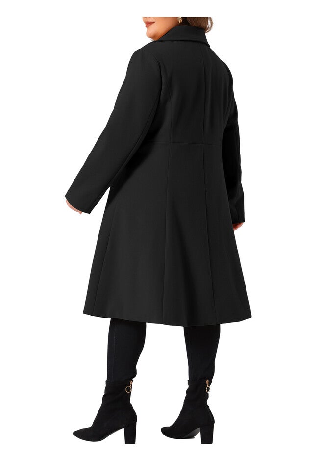 Notch Lapel A Line Double Breasted Trench Dress Pea Coat, Black / Black, alternate image number 3