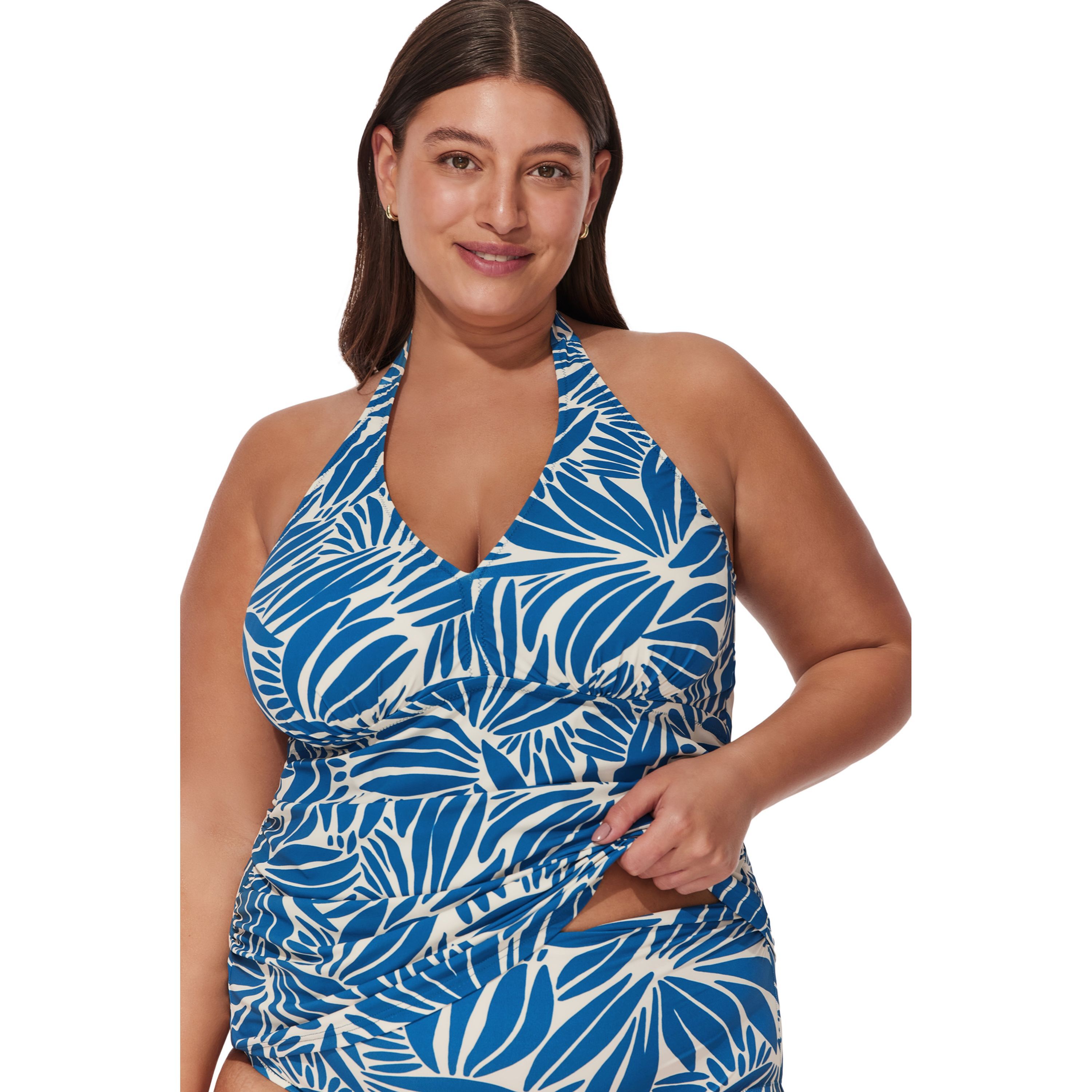 Comeback Plus Size Halter Tankini Top, PetrolWhite / White, alternate image number 1