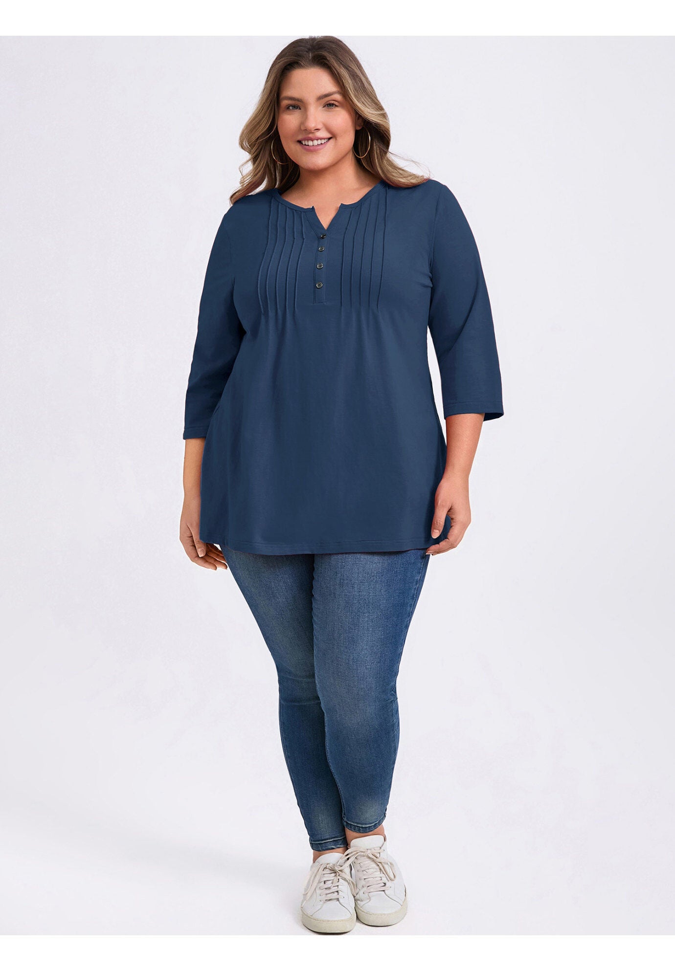 Notched Neck 3/4 Sleeve Front Pleated Button Decor Casual Blouse, Navy Blue / Navy, alternate image number 1
