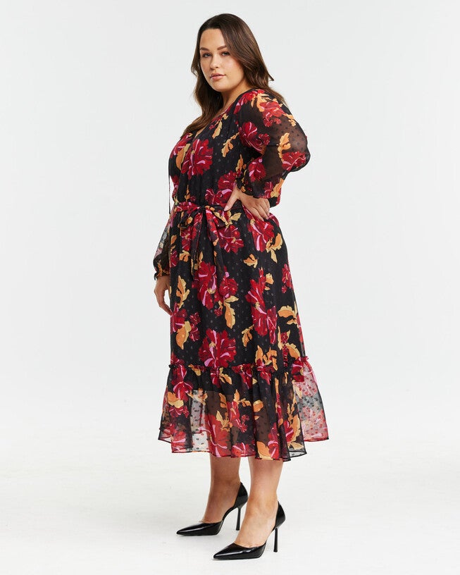 Midnight Petal Long Sleeved Floral Midi Dress, Print / Black, alternate image number null