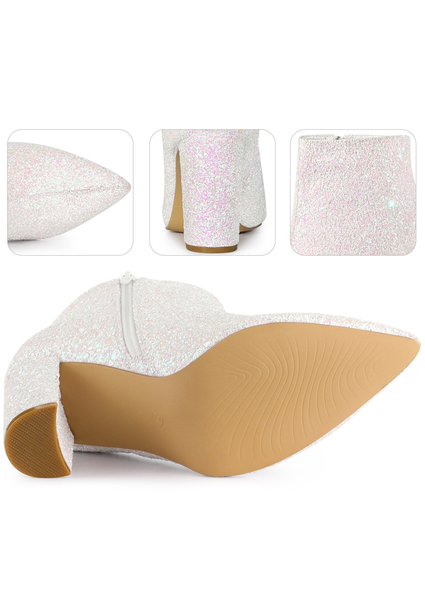 Glitter Pointed Toe Chunky Heels Sparkly Booties, White / White, alternate image number 2