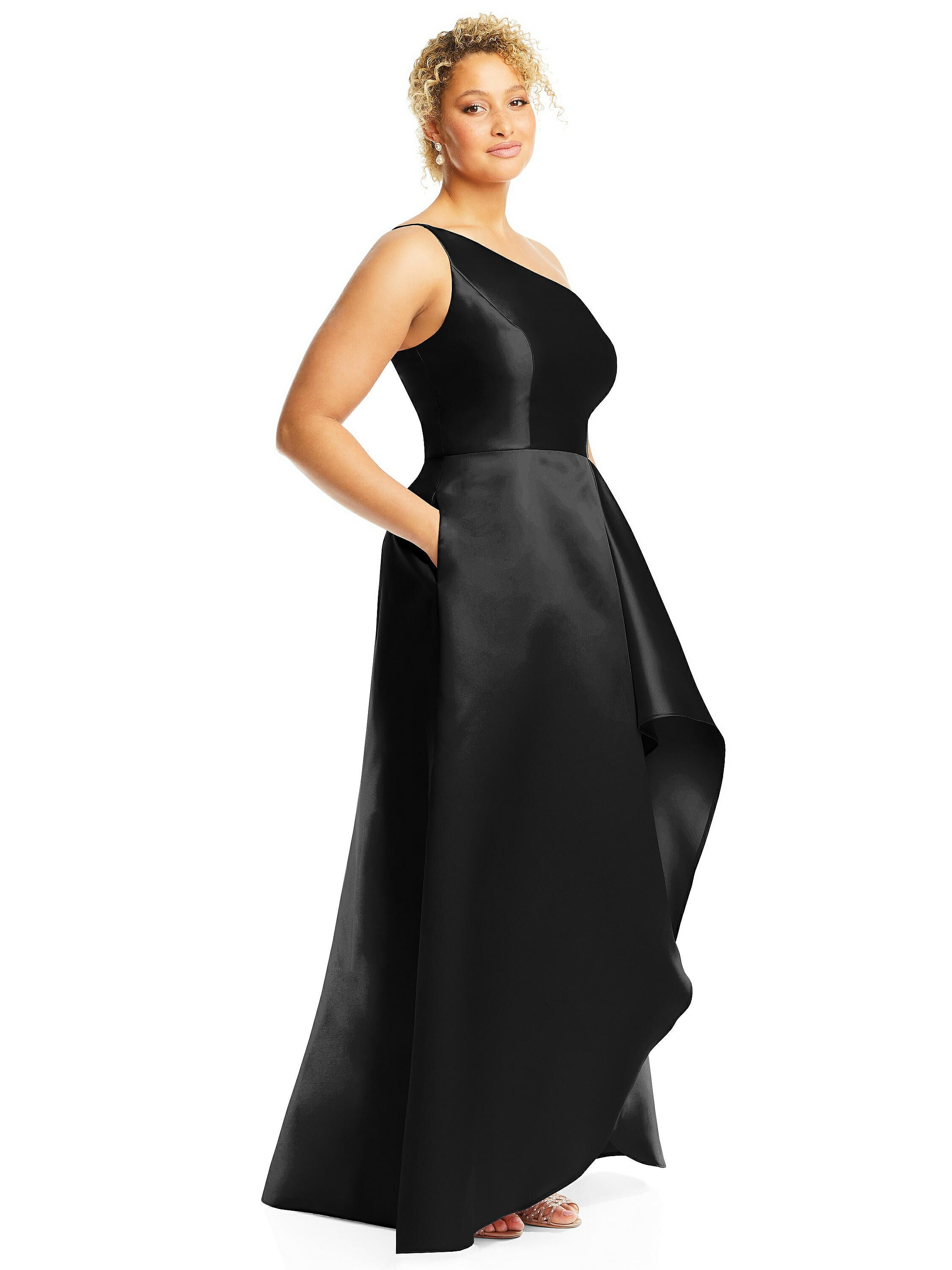 One-Shoulder Satin Gown with Draped Front Slit and Pockets, Black / Black, alternate image number 1