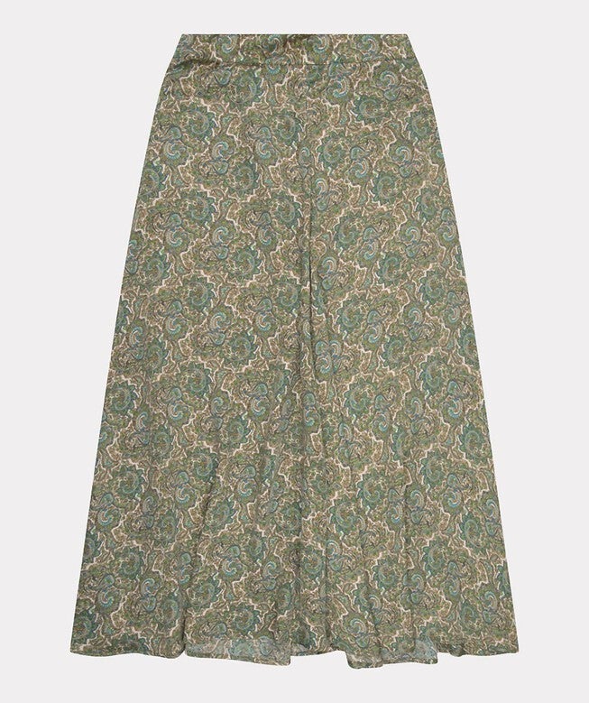 LONG HIDEAWAY PRINT SKIRT IN OLIVE, , alternate image number null