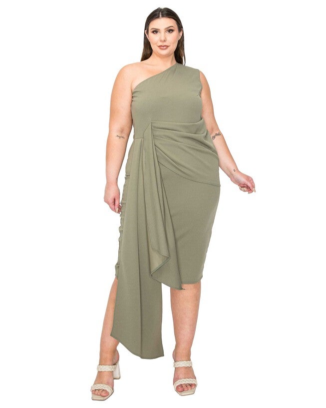 ESME FRONT DRAPED SASH DRESS, Dark Sage / Olive Green, hi-res image number 0