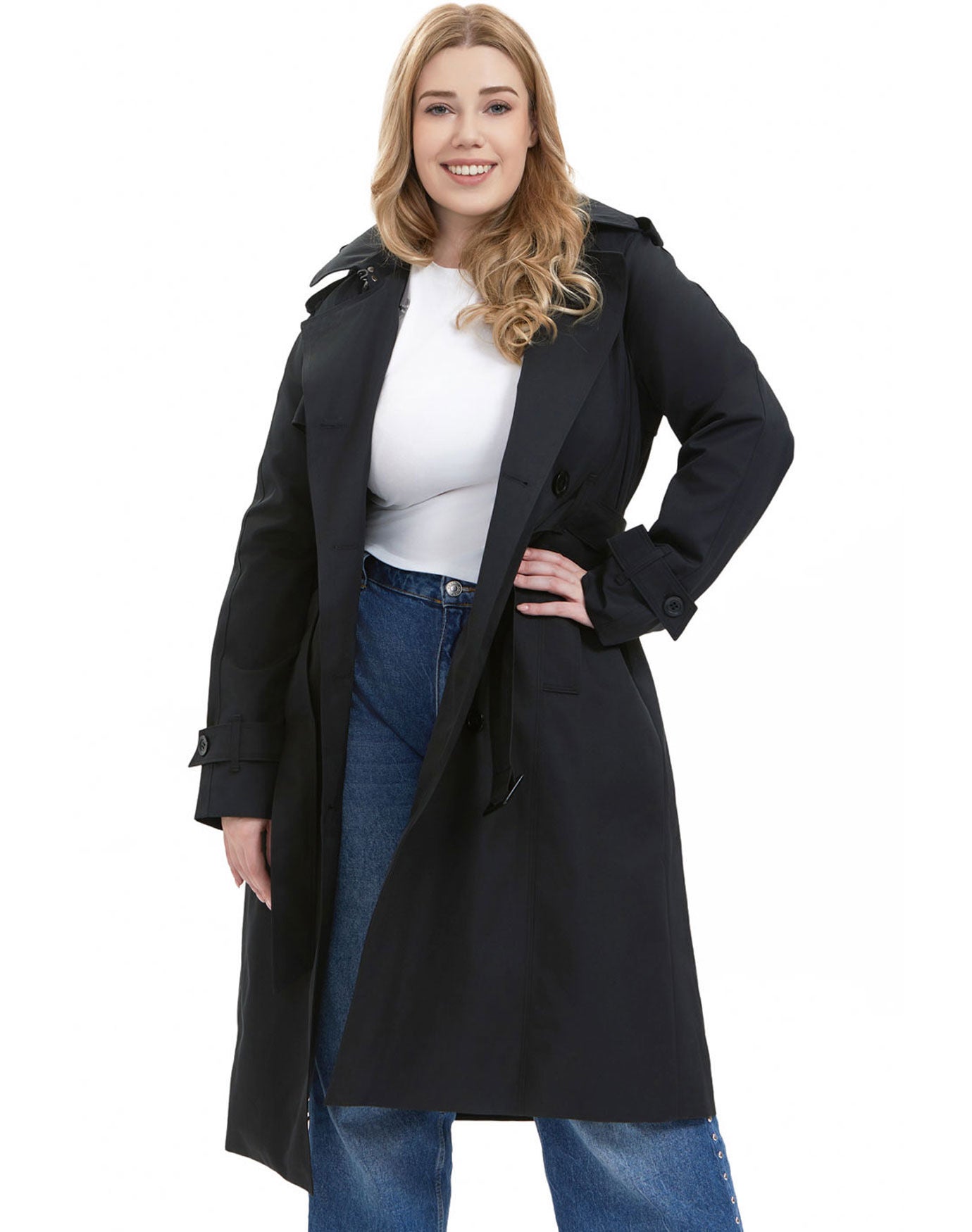 Water-Resistant Hooded Trench Coat, Black, alternate image number 2