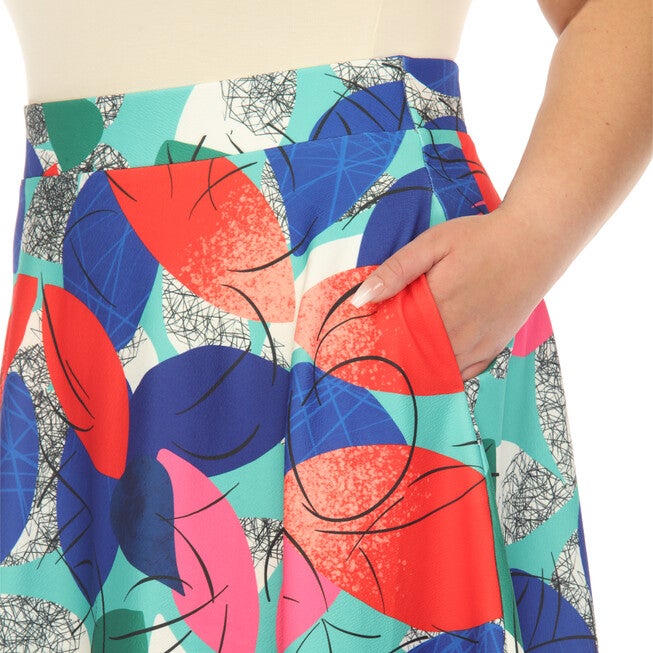 Leaf Print Vintage Flared Midi Skirt, , alternate image number null
