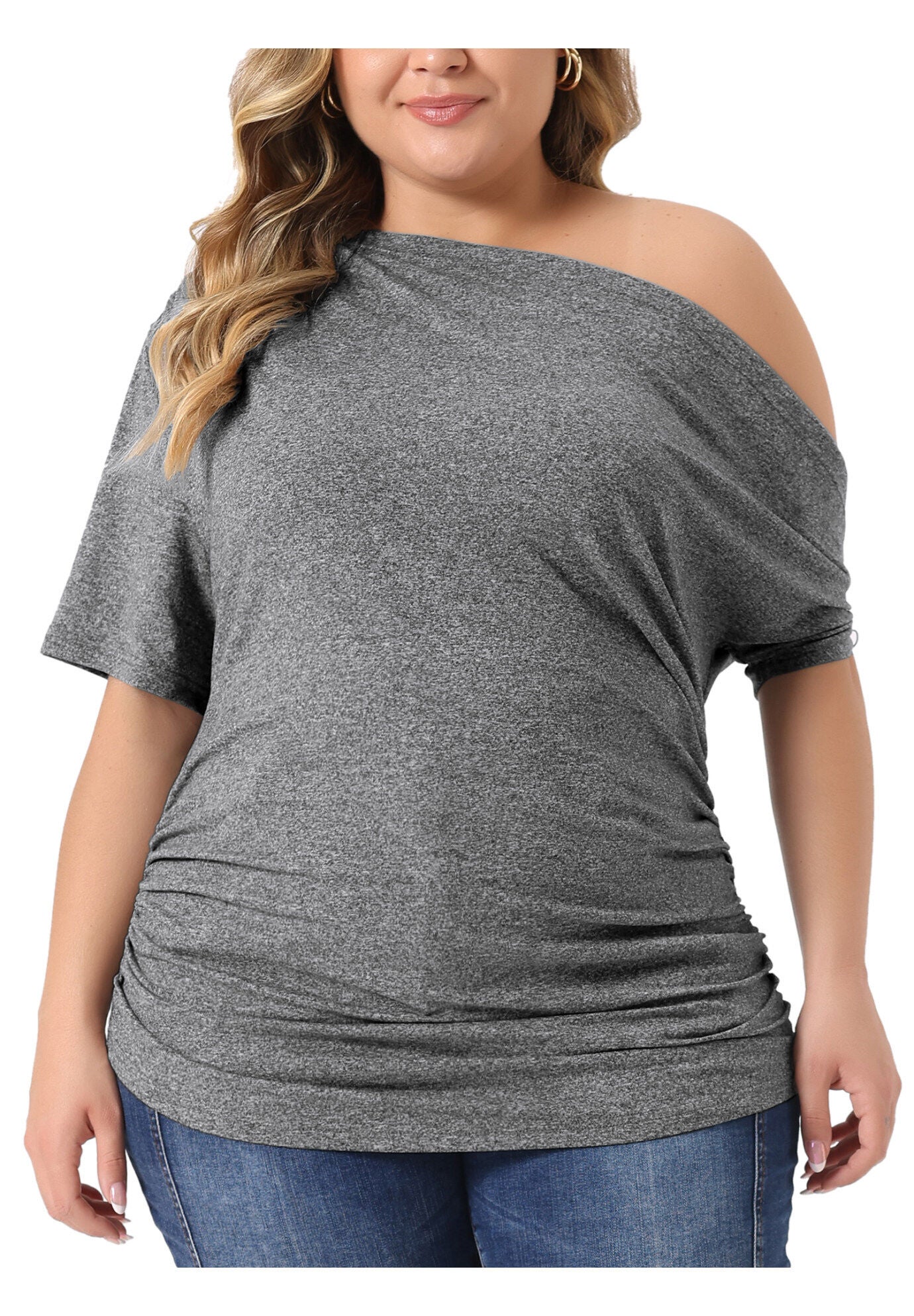 ONE SHOULDER SHORT SLEEVE RUCHED TOP, Gray / Charcoal Grey, alternate image number 2