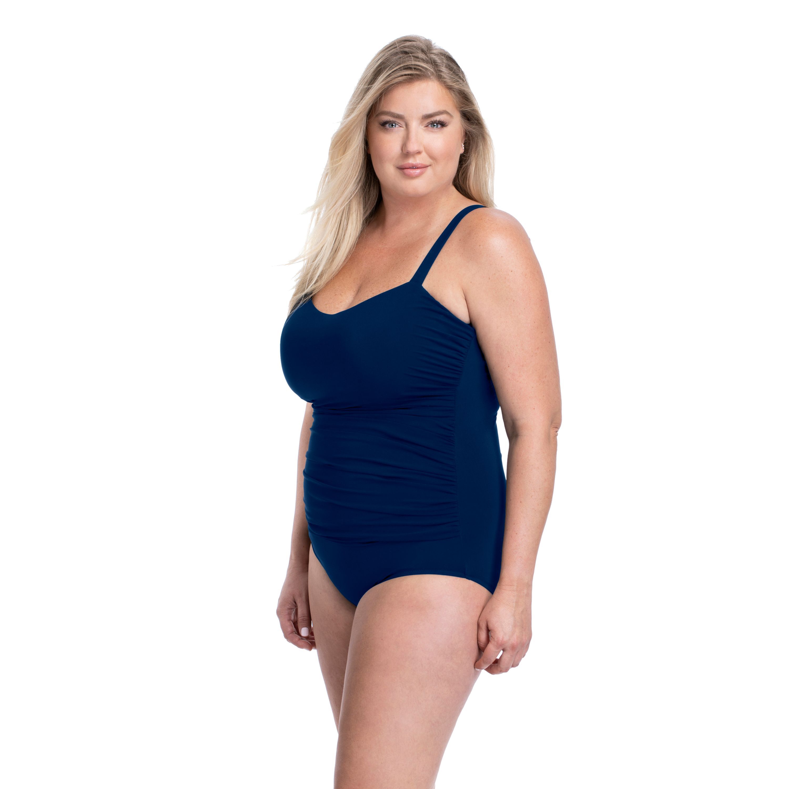 Tutti Frutti Plus Size Sweetheart Neck Shirred One Piece, Navy / Navy, alternate image number 1