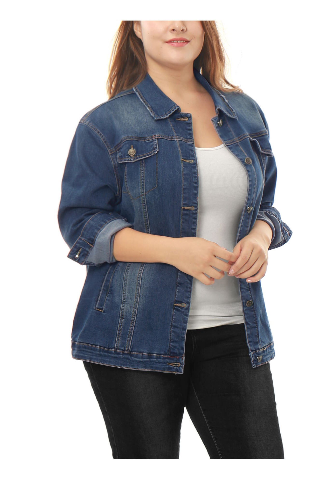 STITCHING BUTTON FRONT WASHED DENIM JACKET, Blue / Dusty Blue, alternate image number 1