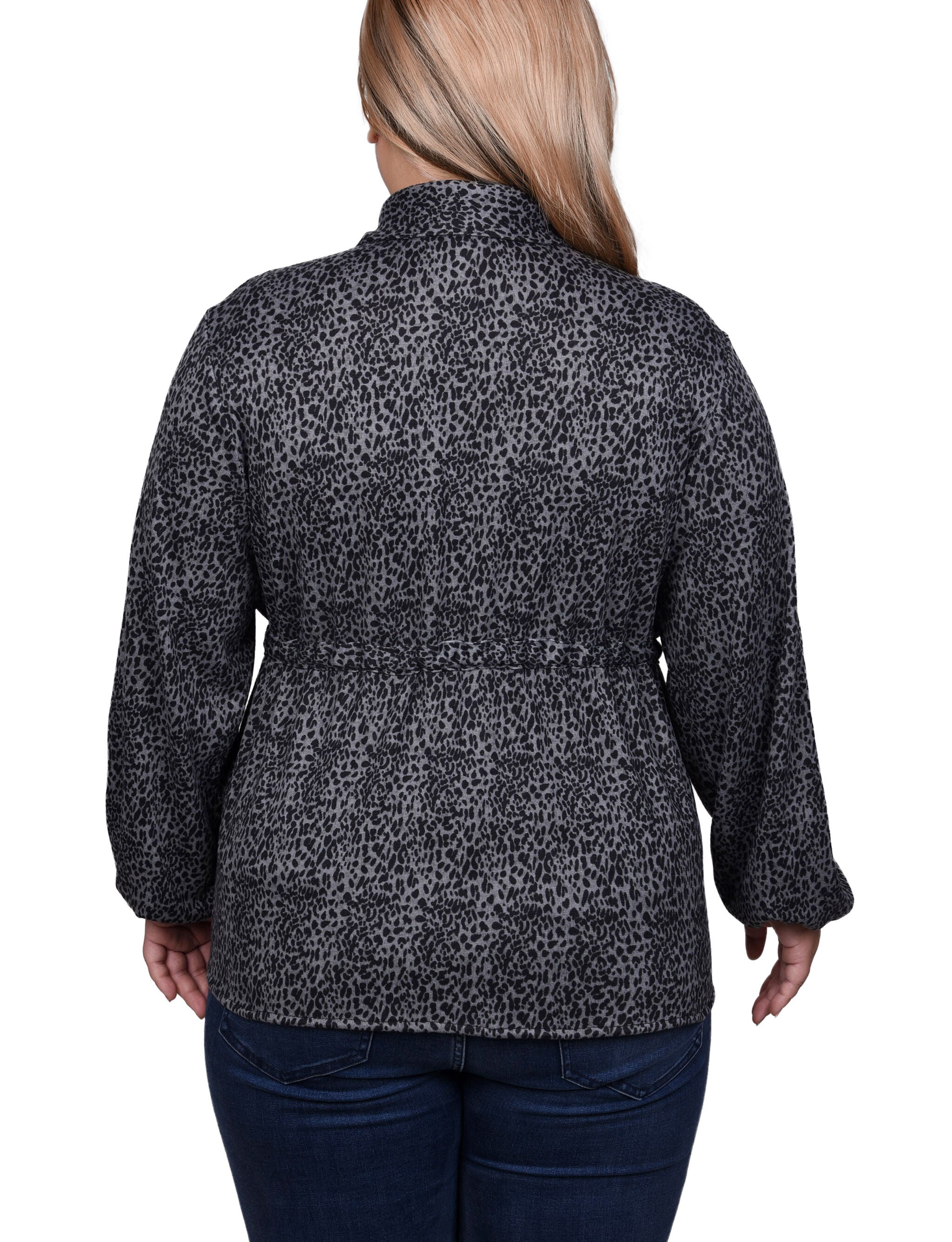 Long Dolman Sleeve Drawstring-Waist Tunic Top, Grey Black Animal, alternate image number 1