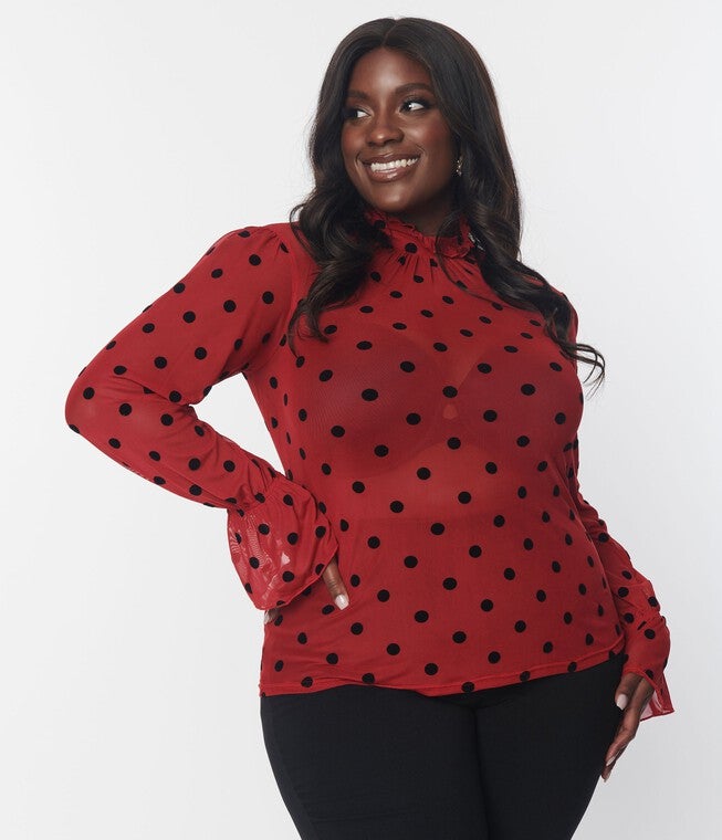 Unique Vintage Burgundy & Black Polka Dot Donna Blouse, Burgundy Polka Dot / Burgundy, alternate image number 1