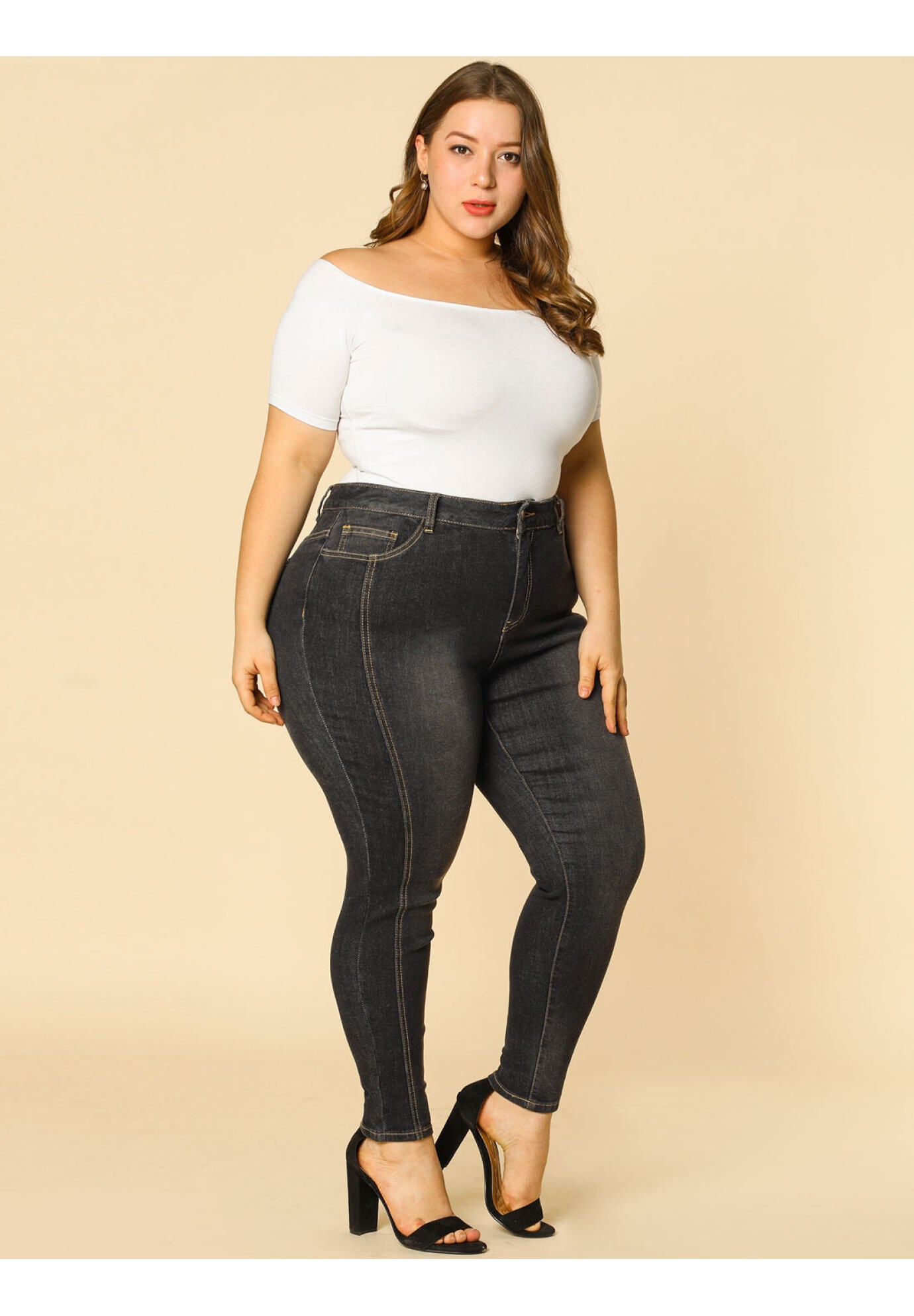 MID RISE STRETCH WASHED SKINNY JEANS DENIM JEGGINGS, Black / Black, alternate image number 1