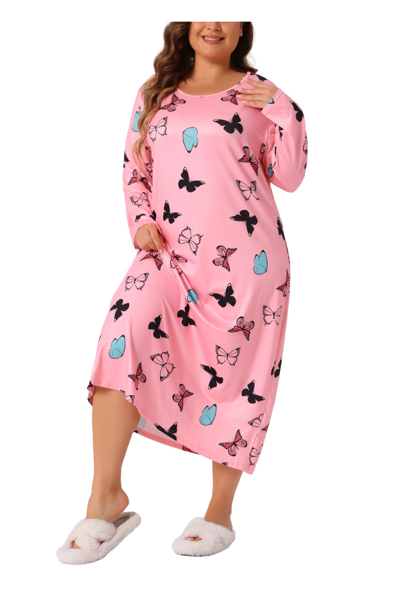 Crew Neck Long Sleeve Print Sleep Dress, Pink / Pink, alternate image number 1