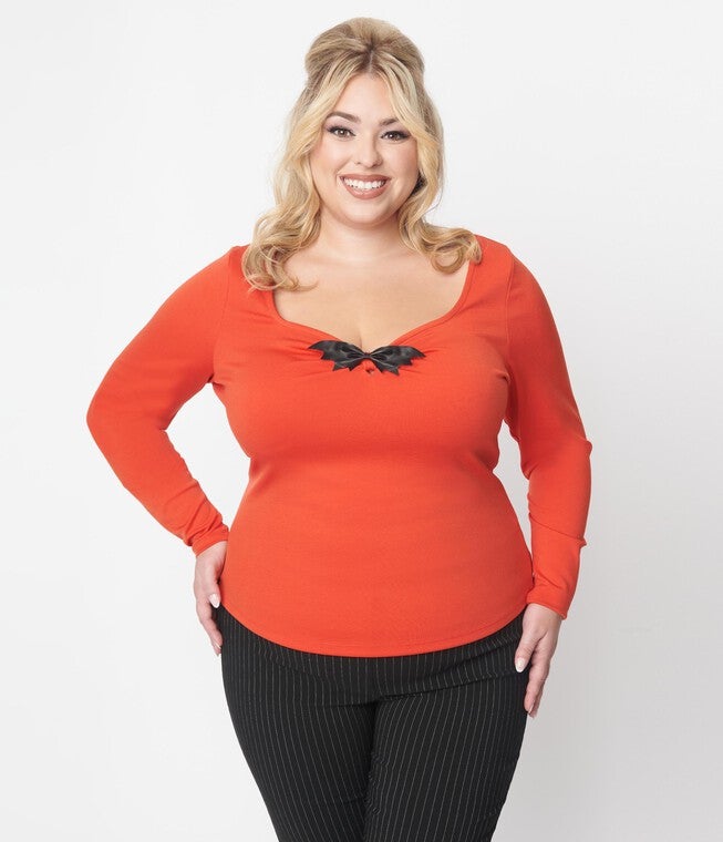 Unique Vintage Orange & Black Bat Bow Long Sleeve Top, Orange / Orange, alternate image number 3