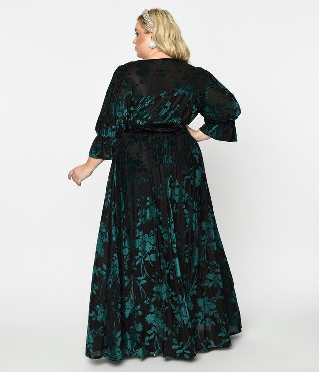 Unique Vintage Black & Teal Floral Velvet Burnout Duster, BlackTeal Floral / Teal, alternate image number 1