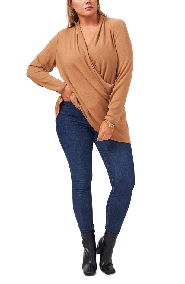 L/S CROSS FRT COZY KNIT TOP, WILD OAK / Tan, alternate image number null