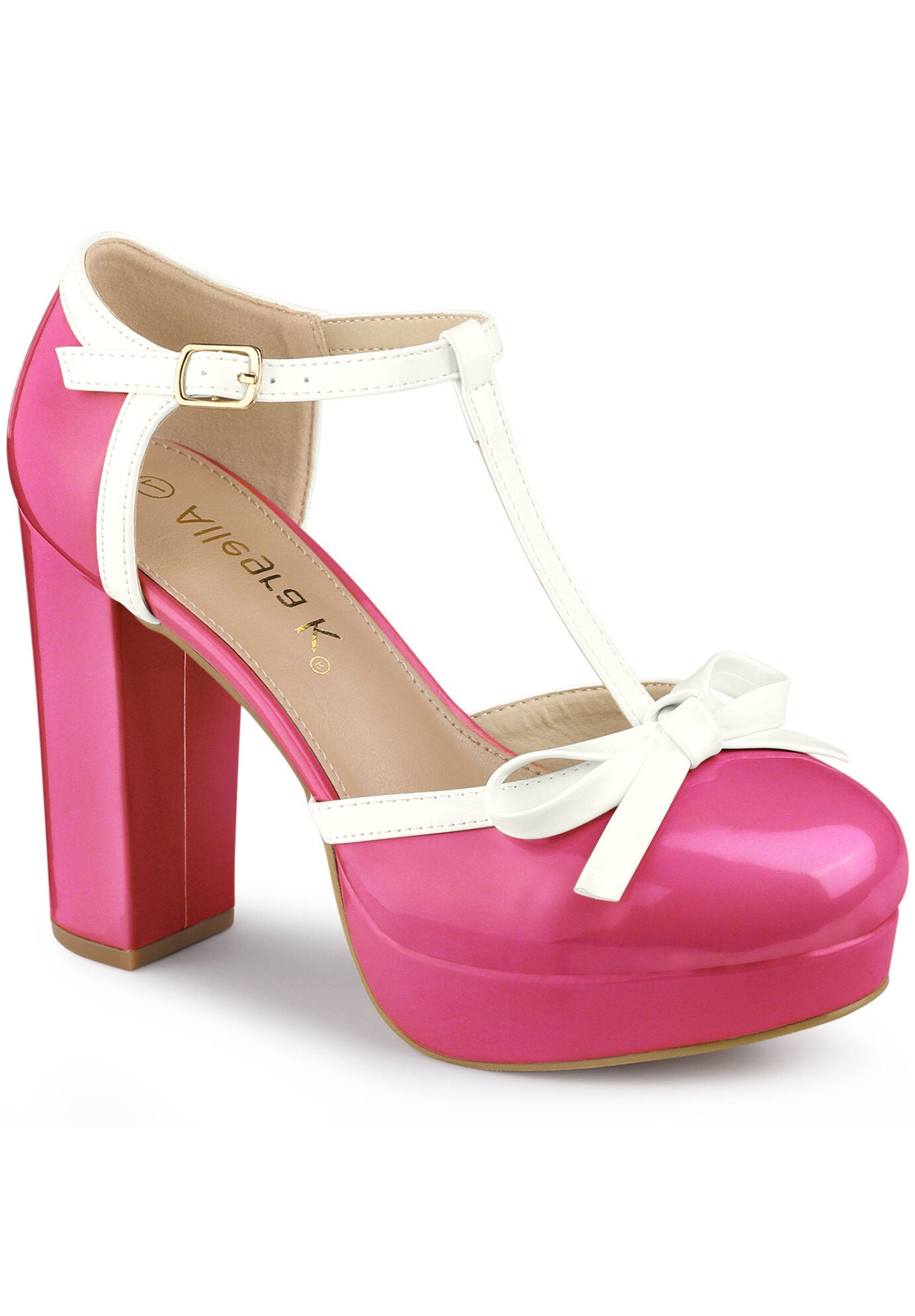 Platform Bow T Strap Chunky Heels Pumps, Hot Pink / Pink, hi-res image number 0