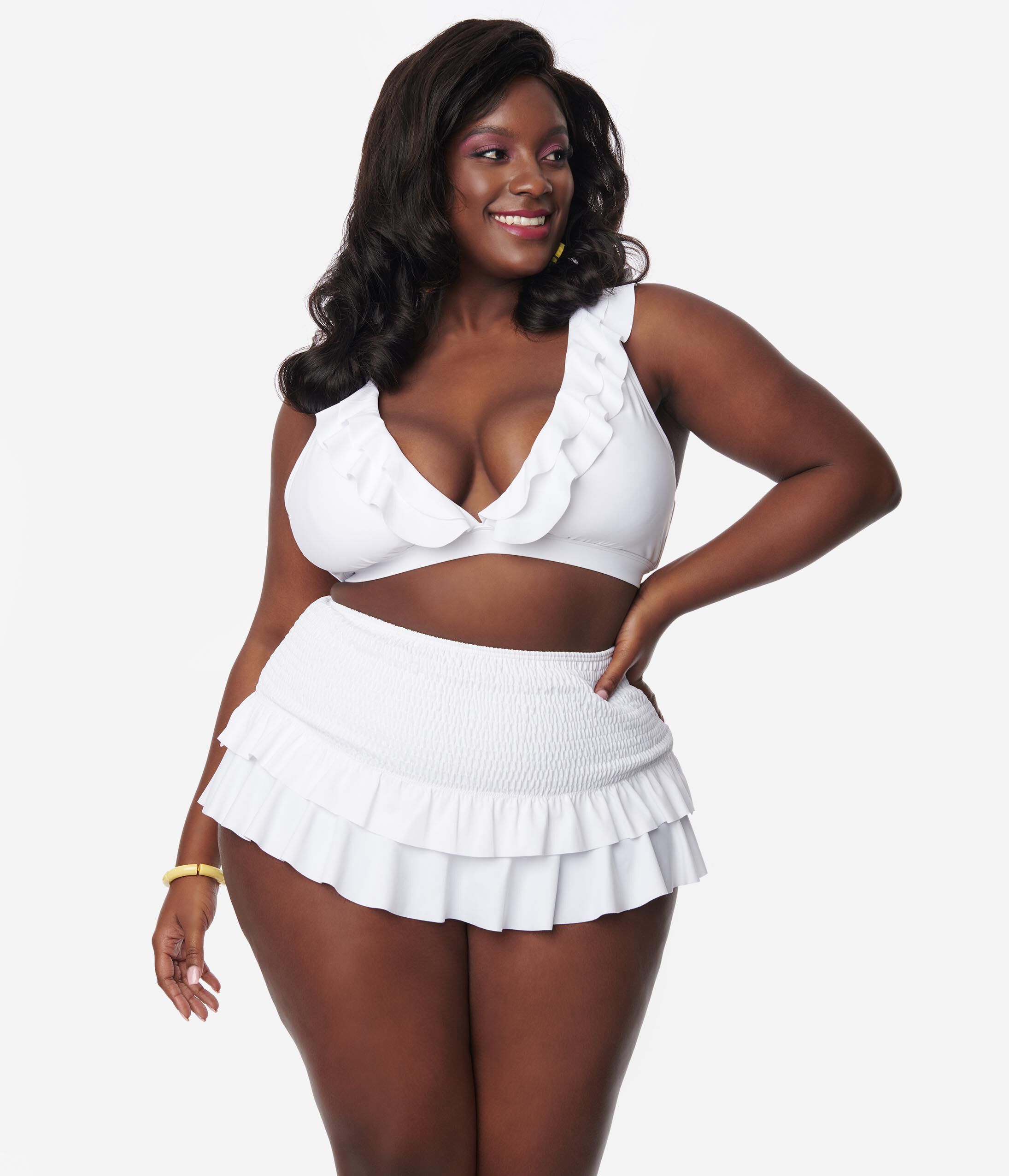 White Ruffle Halter Swim Top, White / White, alternate image number 1