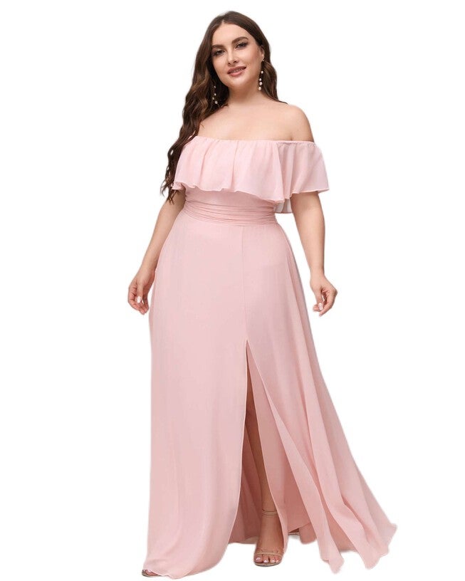 Women's Off Shoulder Ruffle Thigh Slit Bridesmaid Dresses, Pink / Pink, hi-res image number null