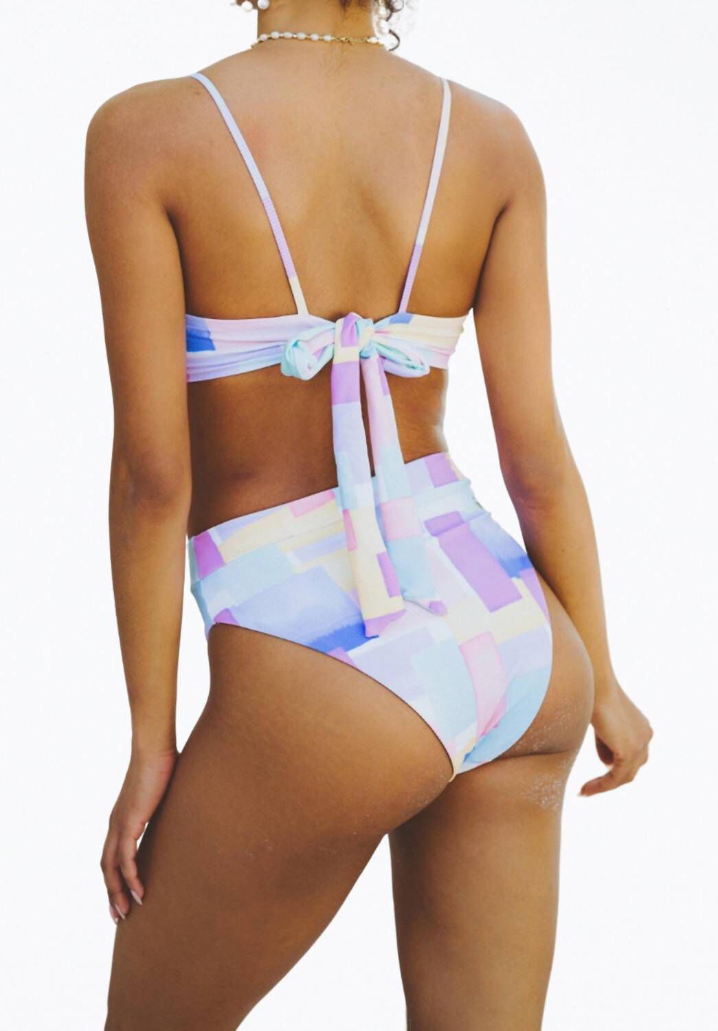 DOVE RETRO RIBBED HIGH-LEG BIKINI BOTTOM IN PASTEL SHAPES, Pastel Shapes / Purple, alternate image number 1