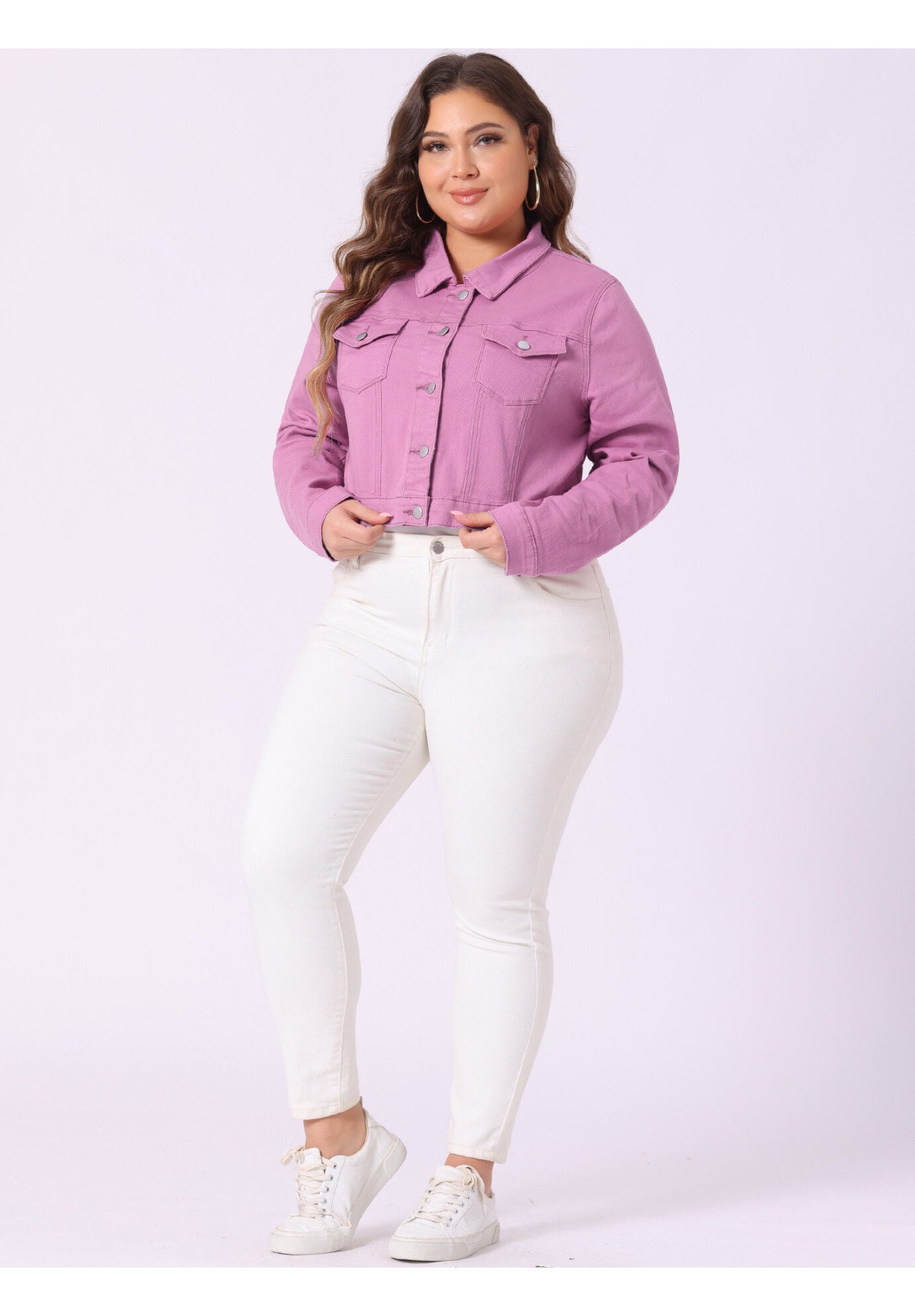 BUTTON CLOSED CROPPED DENIM JACKET, Dark Pink / Deep Fuchsia, hi-res image number 0