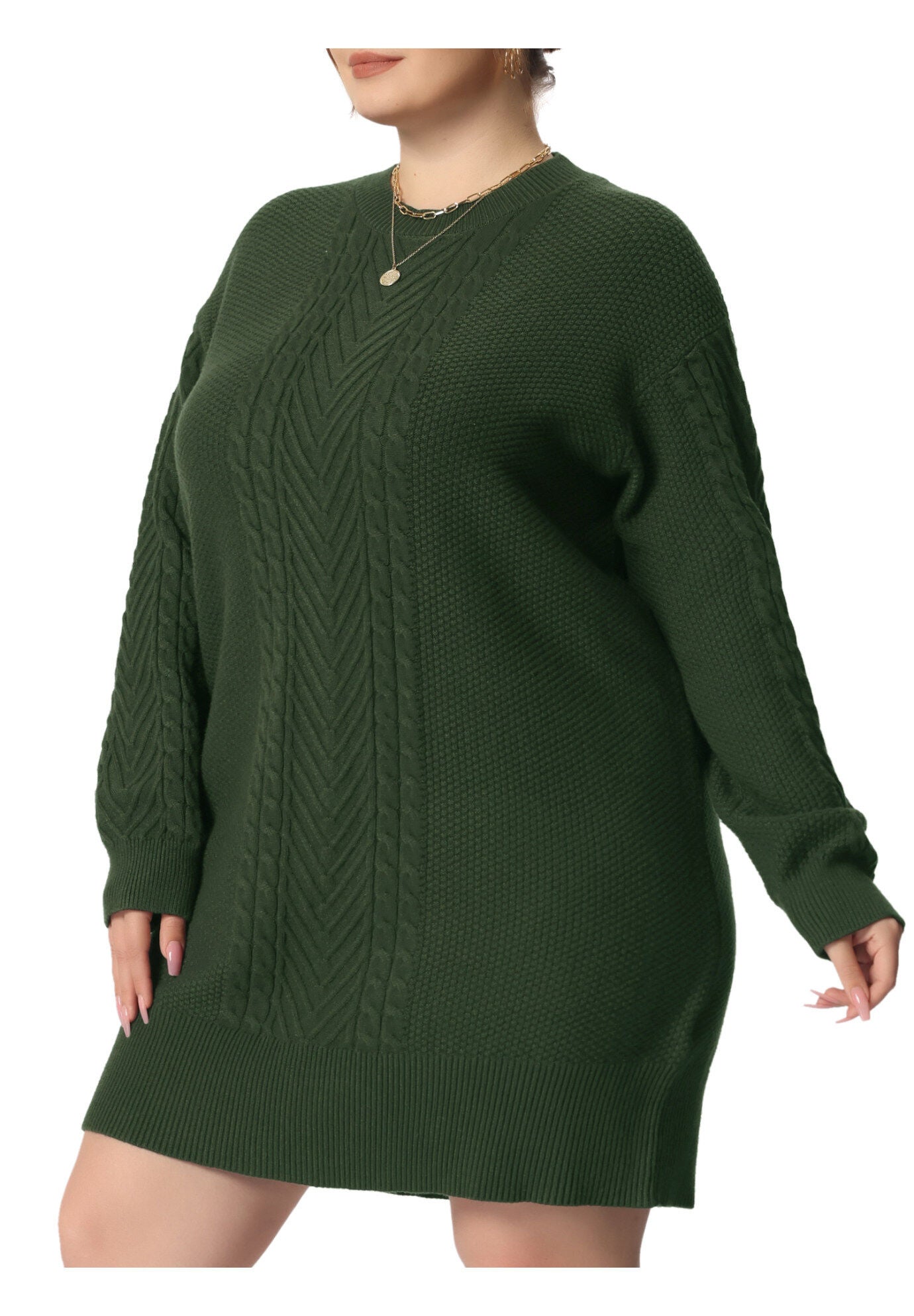 CREWNECK LONG SLEEVE KNIT TUNIC PULLOVER SHORT SWEATER DRESS, Army Green / Olive Green, alternate image number 3