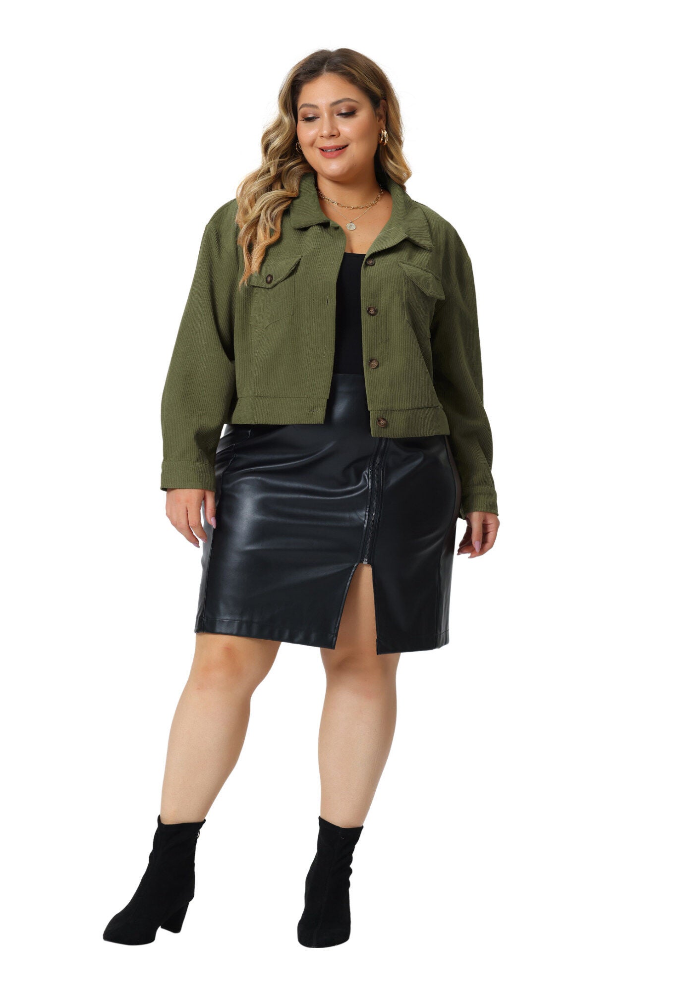 CORDUROY CROPPED BUTTON DOWN LONG SLEEVE SHIRT SHACKET JACKET, Army Green / Olive Green, hi-res image number 0