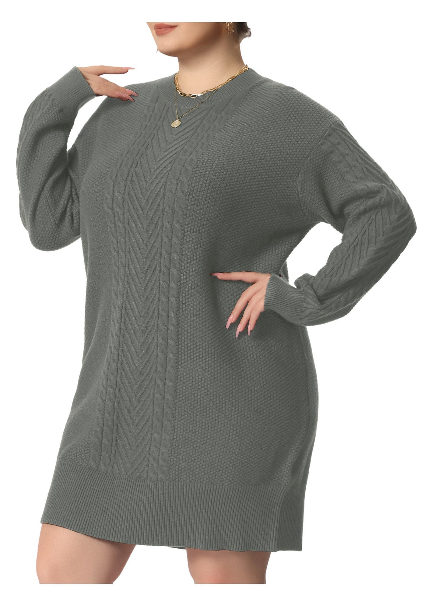 CREWNECK LONG SLEEVE KNIT TUNIC PULLOVER SHORT SWEATER DRESS, Gray / Charcoal Grey, alternate image number 2