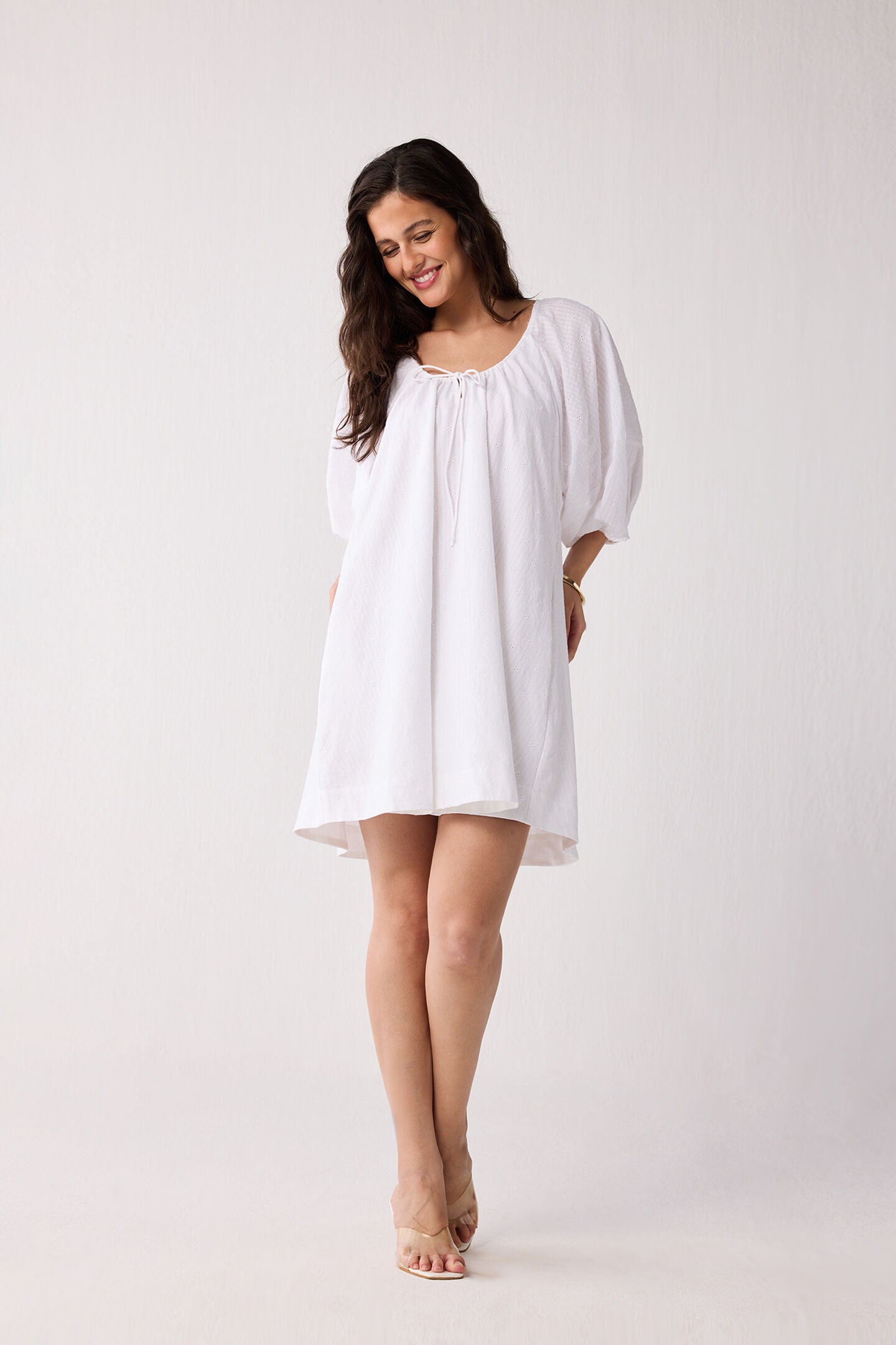 Puff Sleeved Dress with Drawstring Neckline, Textured Eyelet in White / White, alternate image number 4