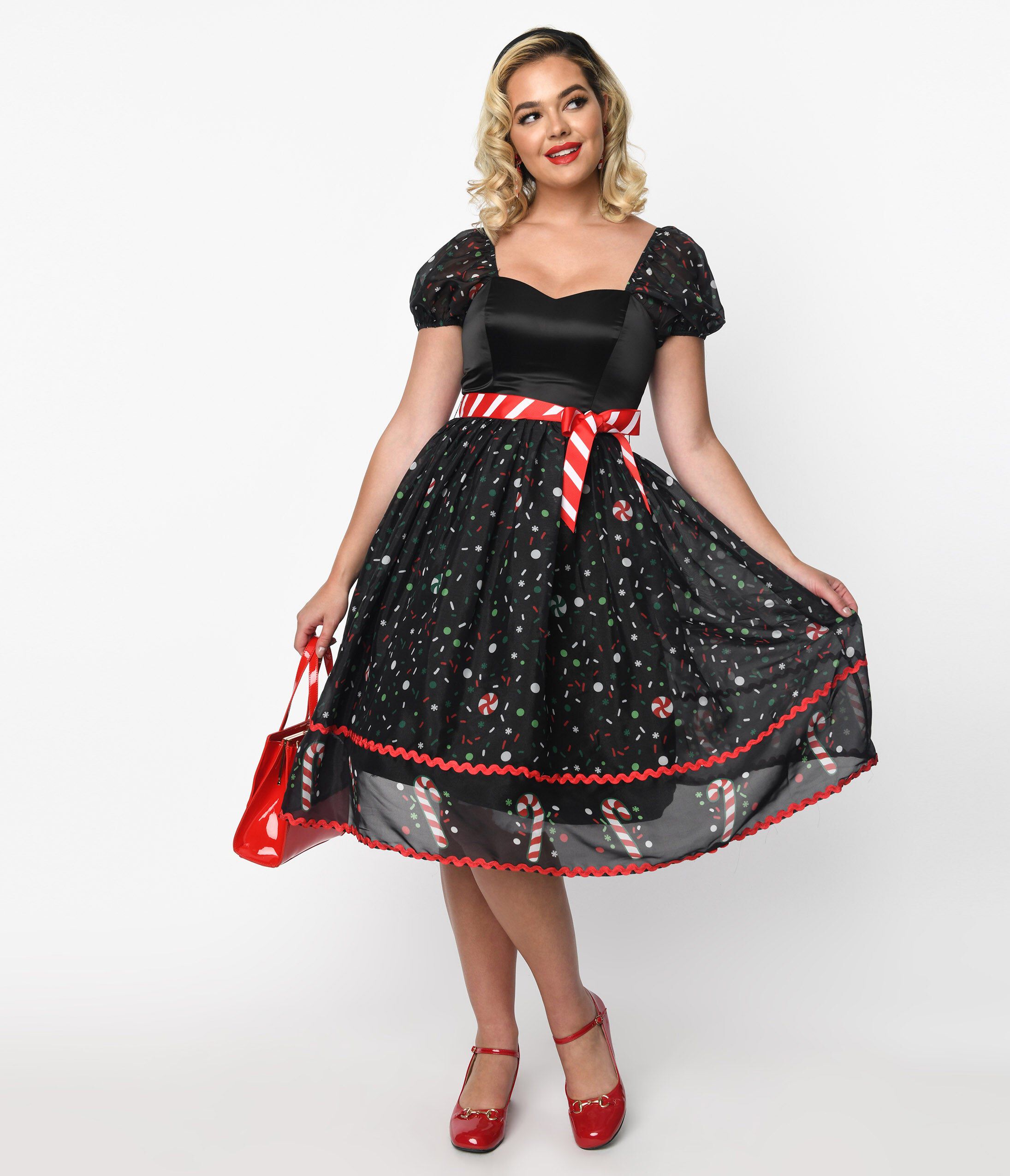 Unique Vintage Black Candy Cane Sprinkles Swing Dress, Black Candy Cane Sprinkles / Black, hi-res image number 0