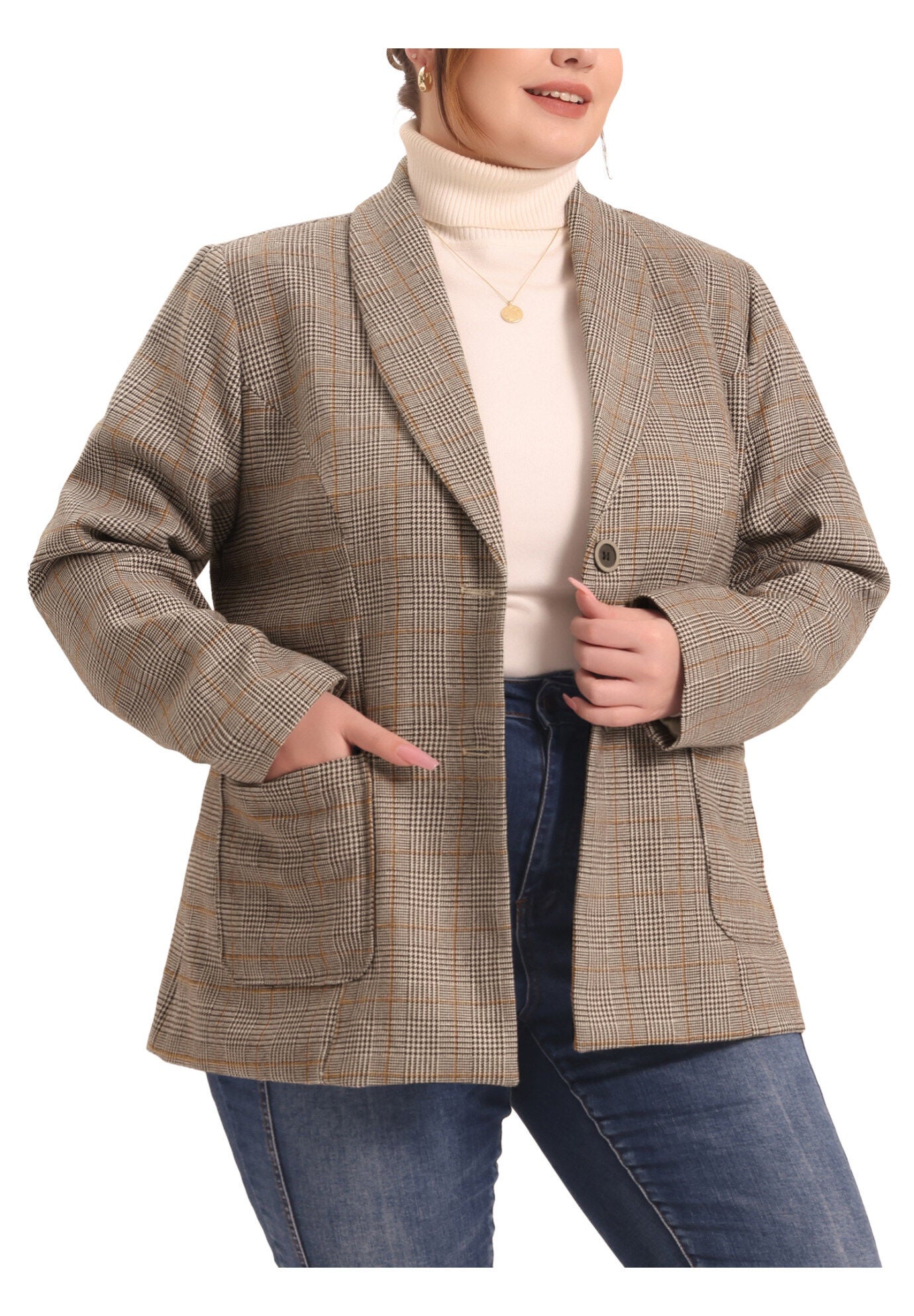 PLAID LAPEL SINGLE BREASTED BLAZER, Brown / Brown, alternate image number 1