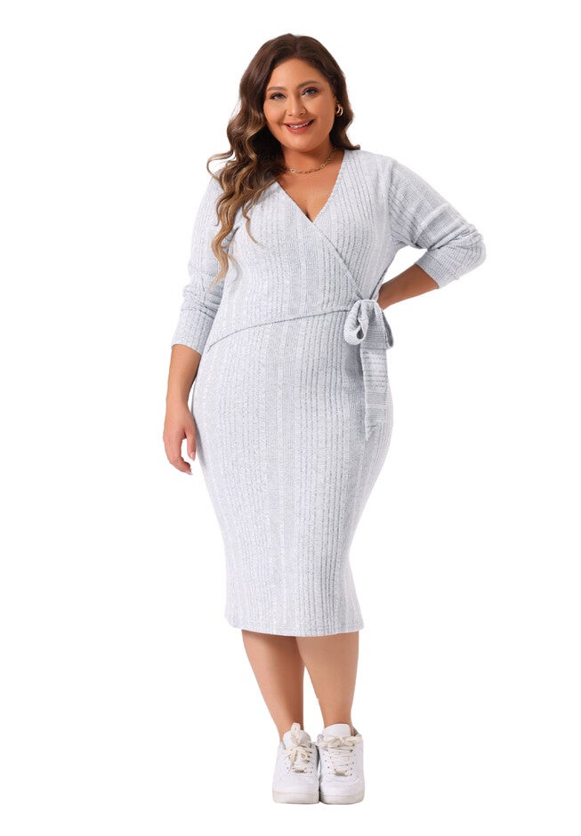 Wrap V Neck Long Sleeve Back Slit Elegant Midi Dress with Belted, Light Gray / Light Grey, hi-res image number 0