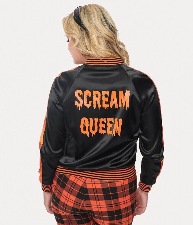 Unique Vintage Black & Orange Scream Queen Satin Bomber Jacket, Black / Black, alternate image number null
