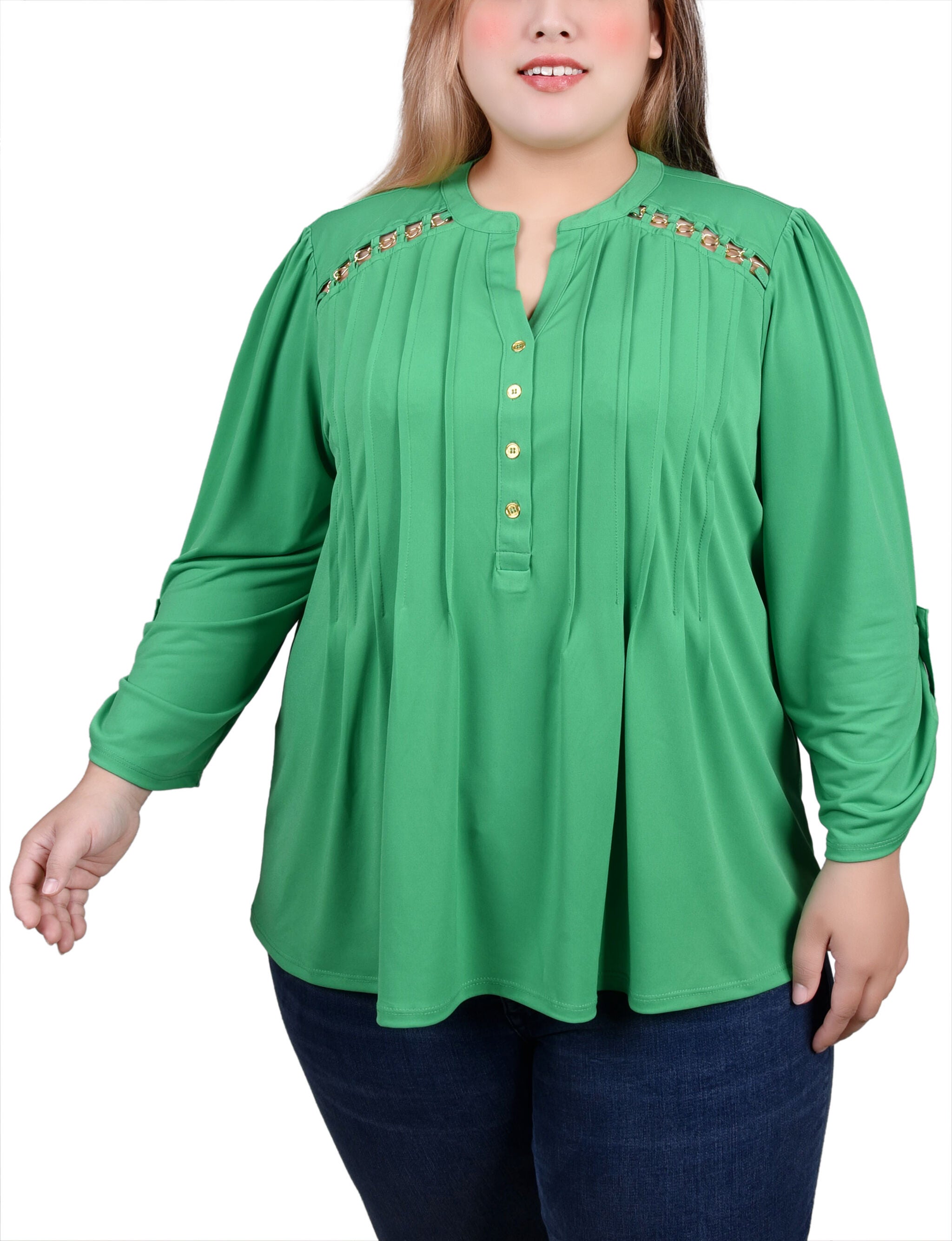 Long Sleeve Pintuck Front Top With Chain Details, Bright Green / green, hi-res image number 0