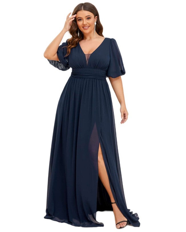 Chiffon Illusion V-Neck Flutter Sleeve Front Slit Evening Dress, , alternate image number 8