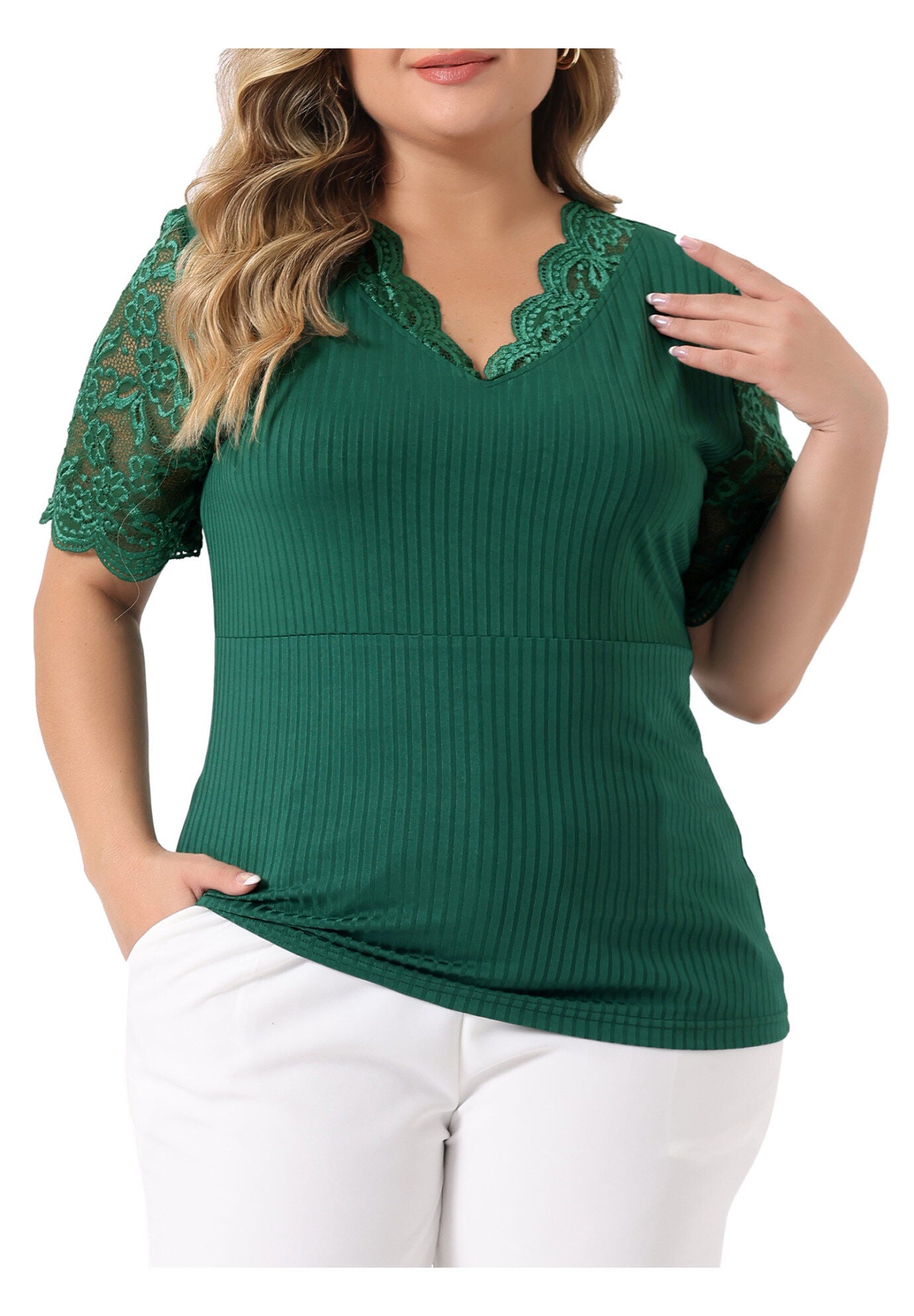 V Neck Short Sleeve Lace Ribbed Knit Tunic Top, Green / Forest Green, alternate image number 2