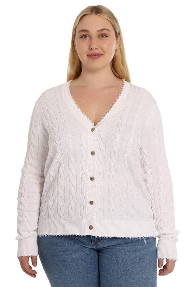 Cotton frayed edge cable cardigan, White / White, hi-res image number 0