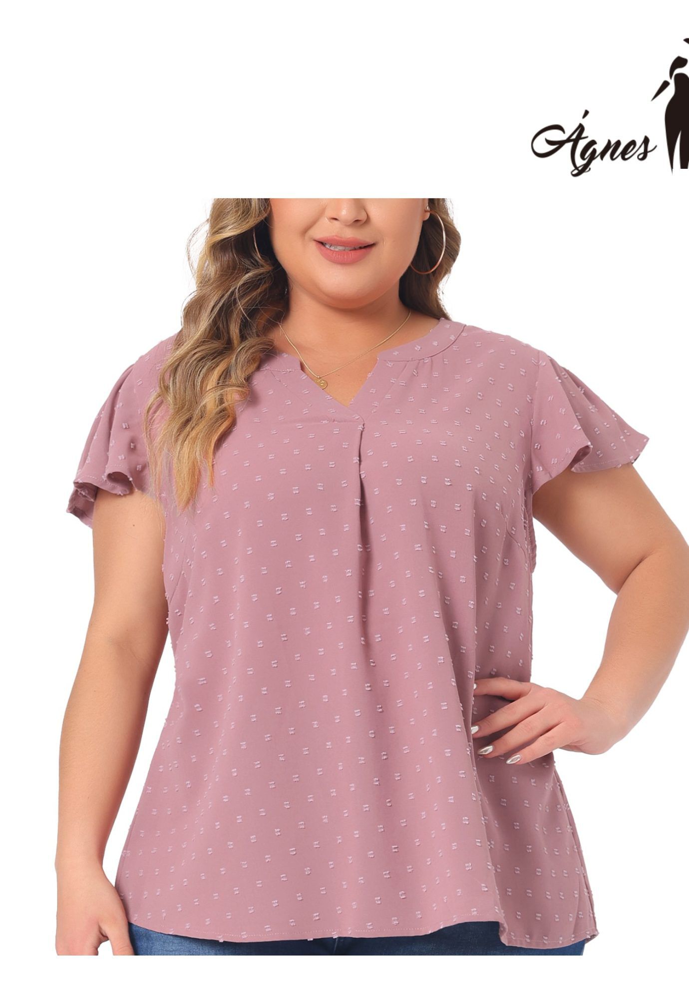 Swiss Dots Notched Neck Ruffle Sleeve Blouse, Gray Purple / Mauve, alternate image number 4