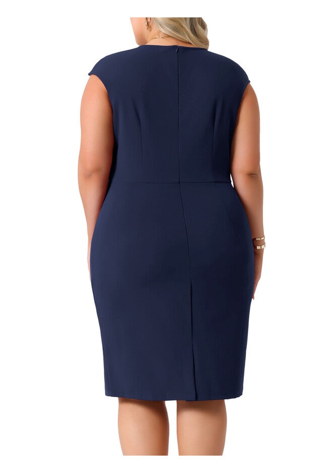 Notched Neck Sleeveless Work Pencil Sheath Dress, Dark Blue / Navy, alternate image number 3