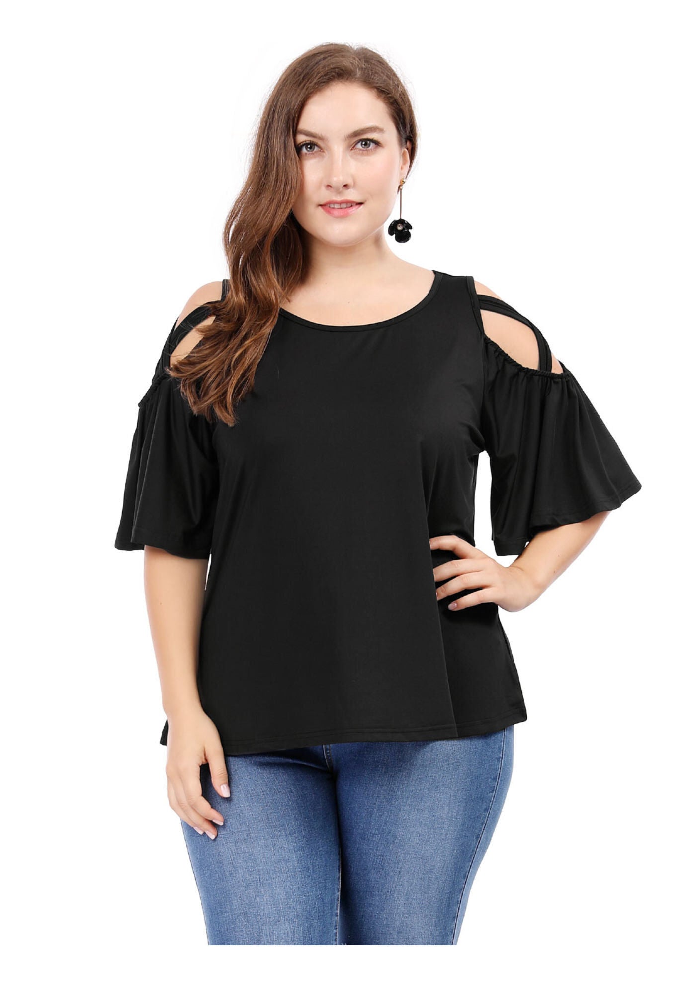 Cold Shoulder Bell Sleeve Summer Top, Black / Black, alternate image number 1