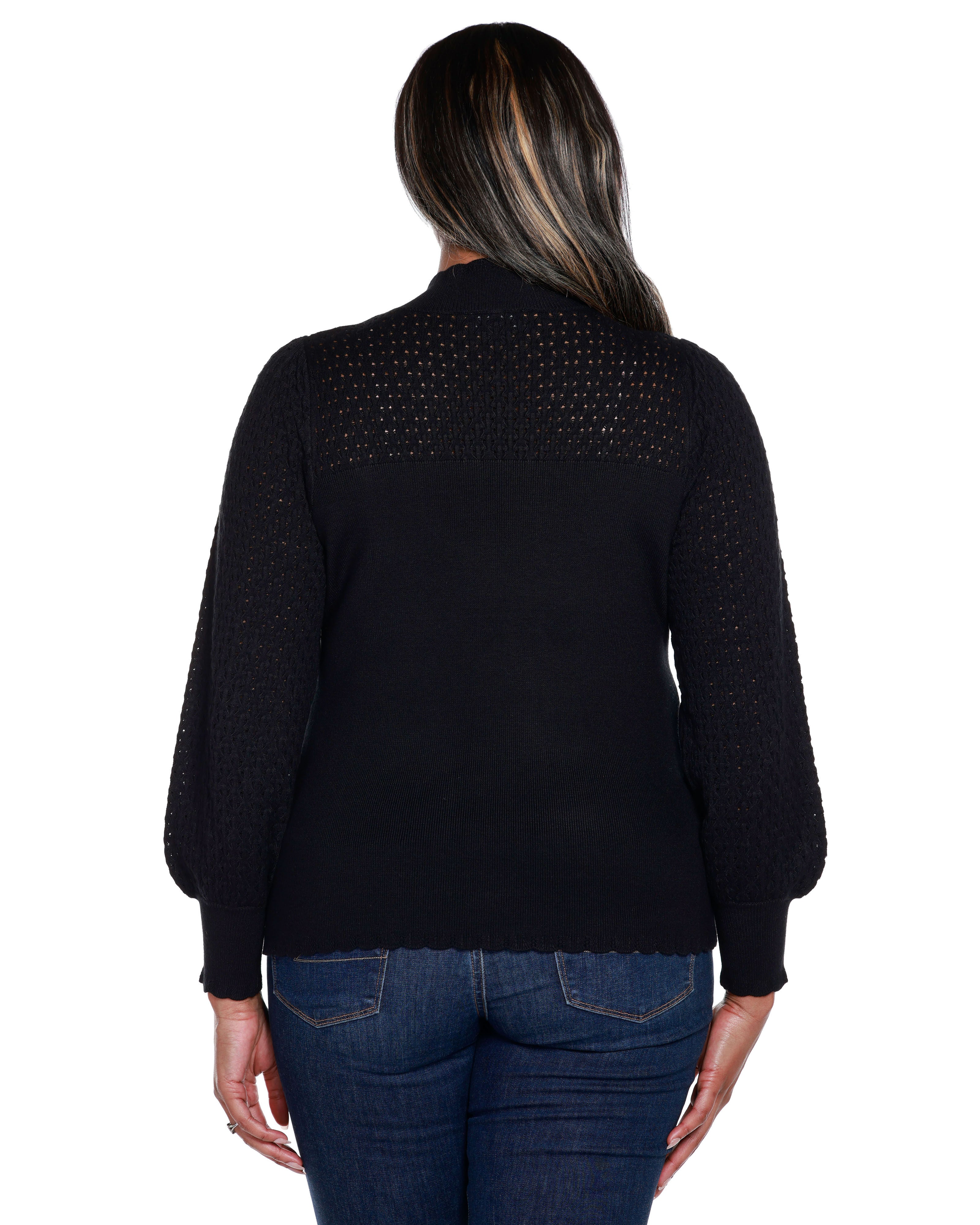POINTELLE AND RHINESTONE DETAIL SWEATER, Black / Black, alternate image number 1