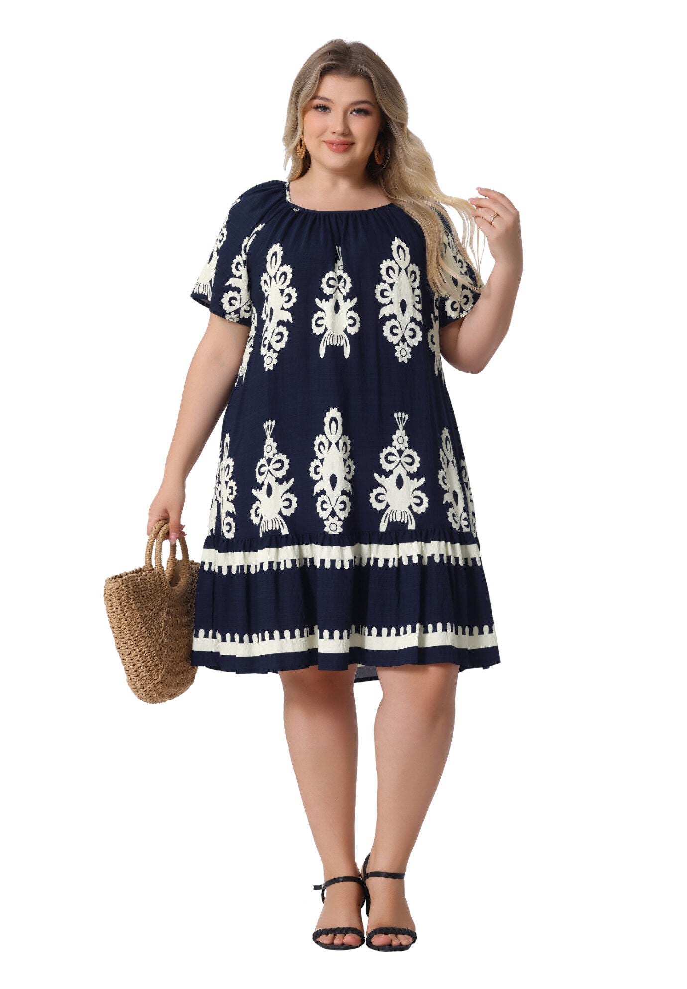 Summer Boho Short Sleeve Flared Midi Sun Dress, Dark Blue / Navy, hi-res image number 0