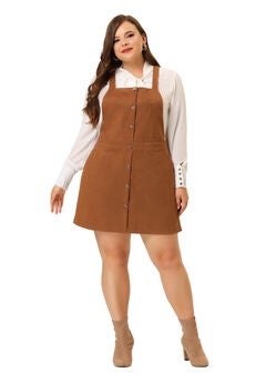 HIGH WAIST A-LINE SUEDE SUSPENDER SKIRT OVERALL DRESS
