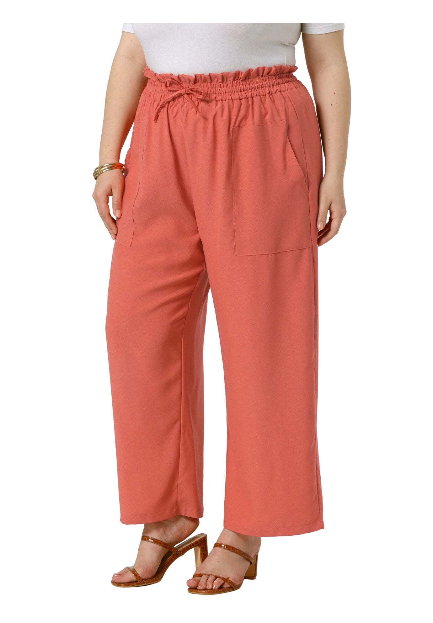 Baggy Wide Leg Elastic High Waist Palazzo Pants with Pockets, Brick Red / Terracotta, alternate image number 1