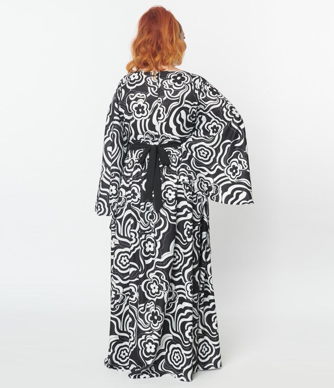 Smak Parlour Black Psychedelic Floral Belted Caftan, Black / Black, alternate image number null