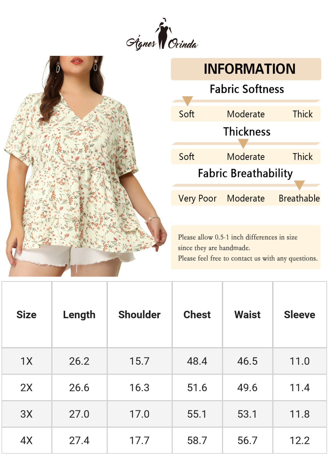 V Neck Short Sleeve Layered Peplum Top Summer Floral Blouse, White / White, alternate image number 4