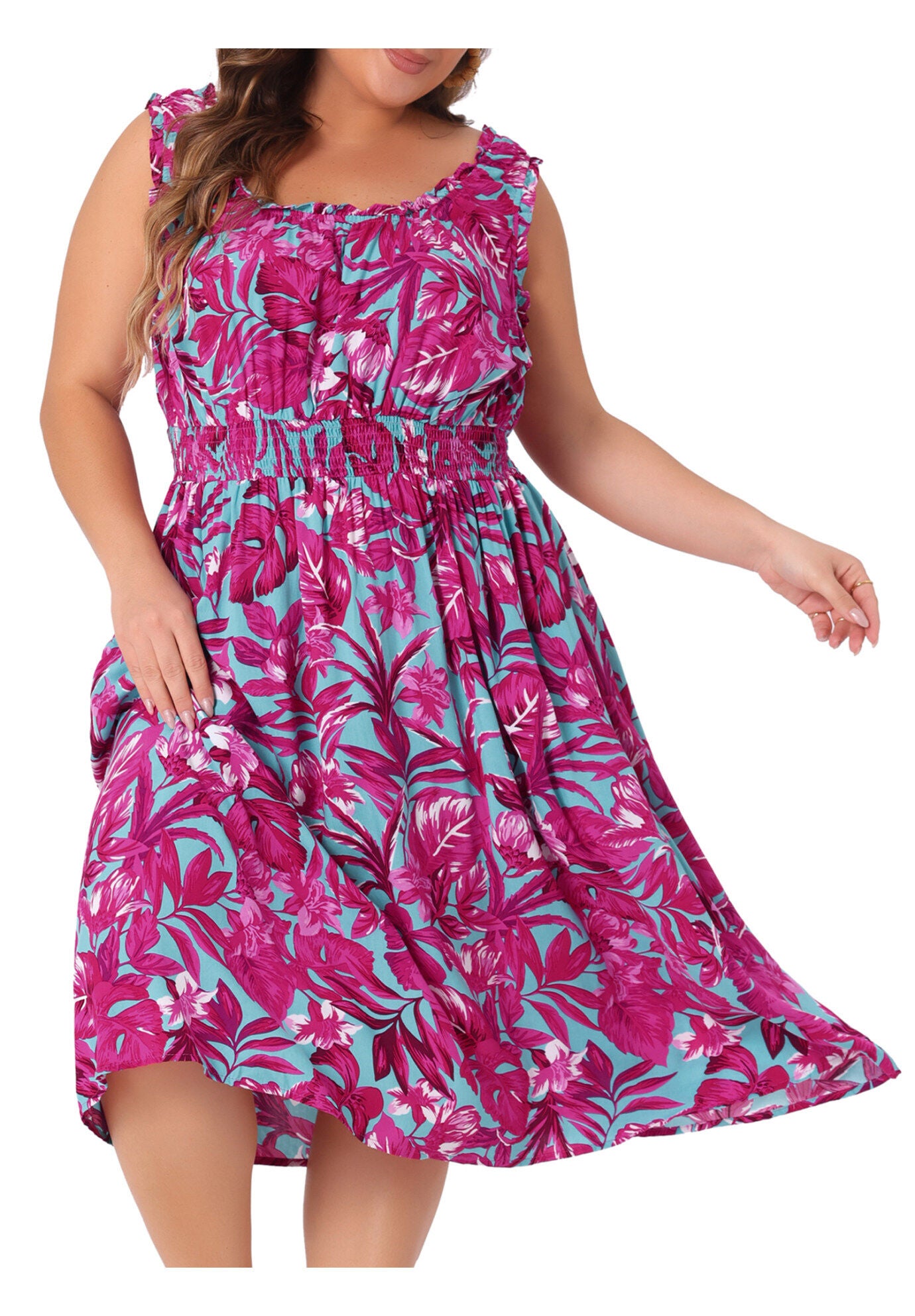 Square Neck Floral Stretchy Waist Midi Summer Dress, Hot Pink / Pink, alternate image number 1