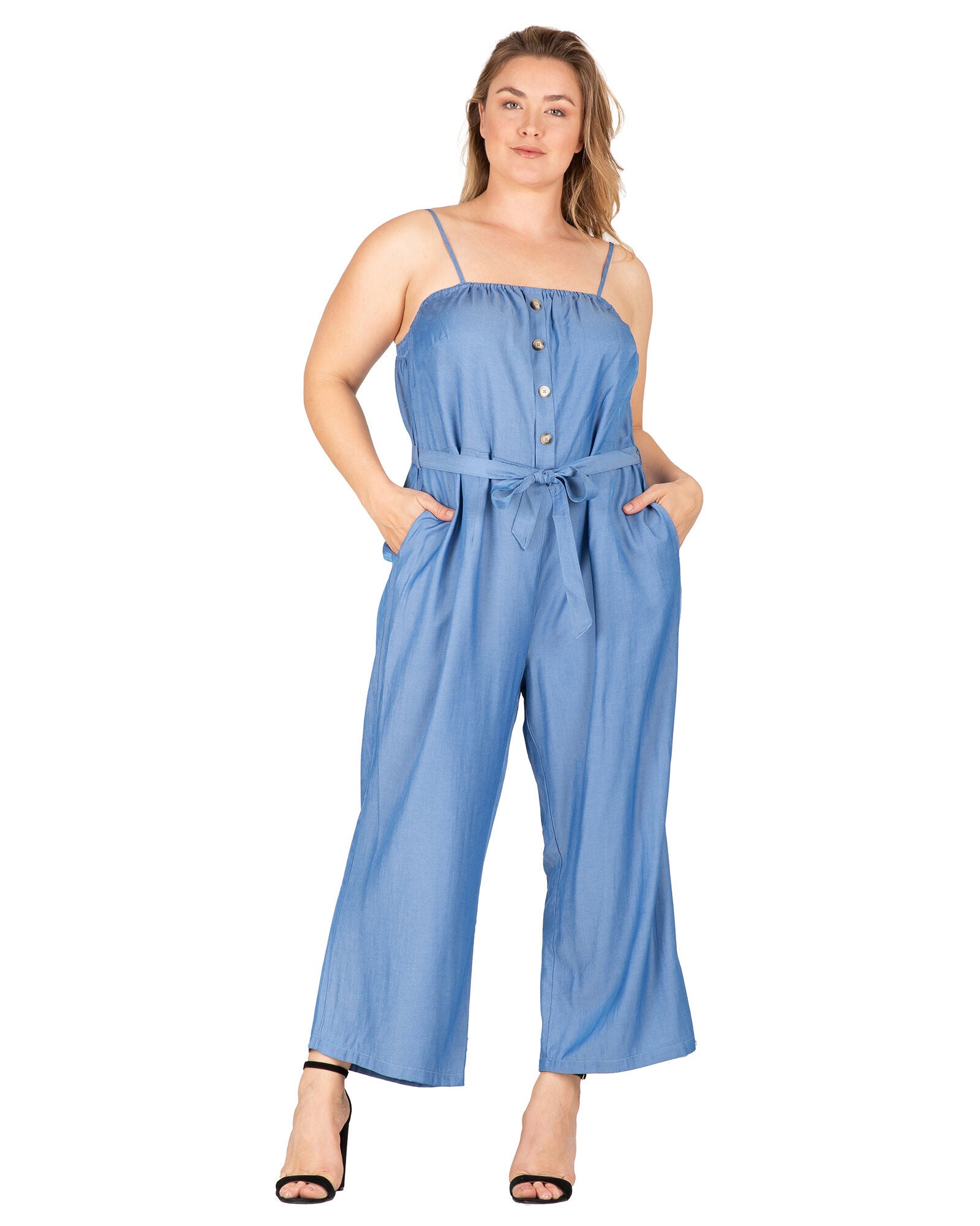 Charli Women&#39;s Adjustable Spaghetti Strap Elastic Neckline High Waist Jumpsuit, Bleach Blue / Light Wash, hi-res image number 0